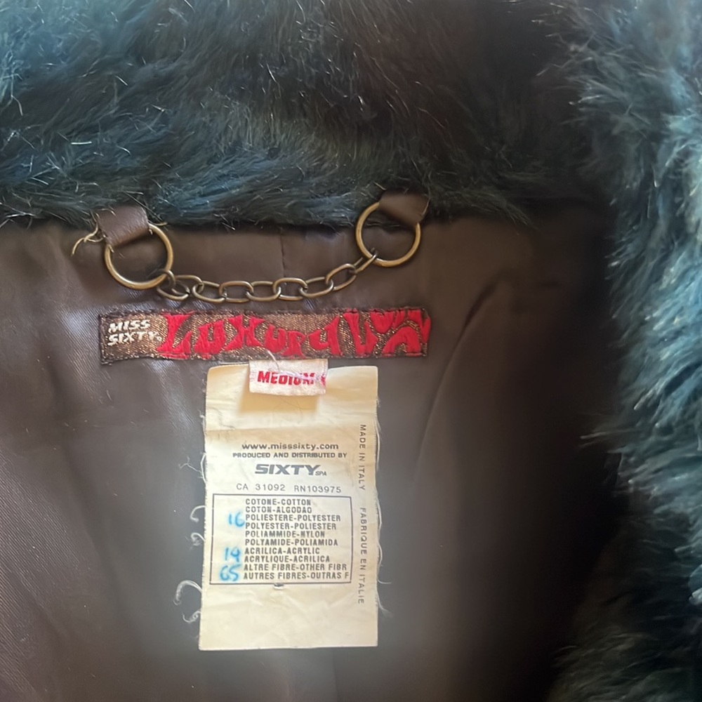 Gorgeous Faux Fur Miss Sixty Jacket , leather tie closure Blue , SZ M - Picture 5 of 6
